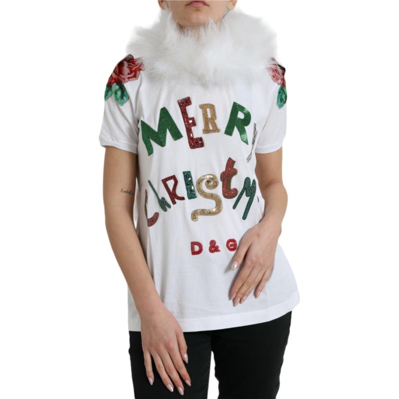 Dolce & Gabbana White Cotton Christmas Sequin Fur T-shirt IT36