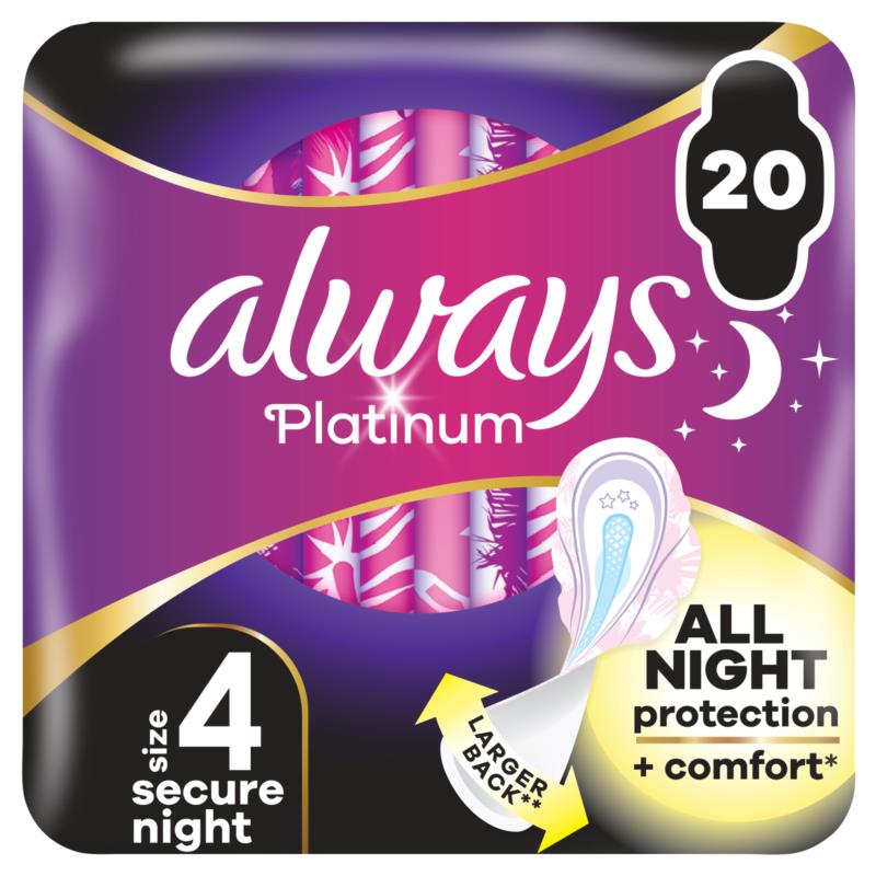 Σερβιέτες Platinum Ultra Night Secure Με Φτερά Always (Μέγεθος 4) (20τεμ)