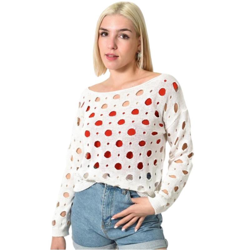 Γυναικεία πλεκτή μπλούζα με διάτρητο σχέδιο Εκρού 23782