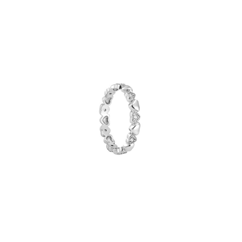 Ασημένιο δαχτυλίδι βεράκι με καρδιές και λευκά ζιργκόν