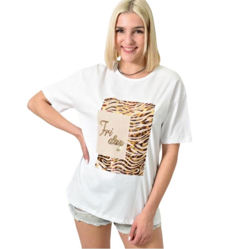Γυναικείο T-shirt με στρας animal print Λευκό 23957