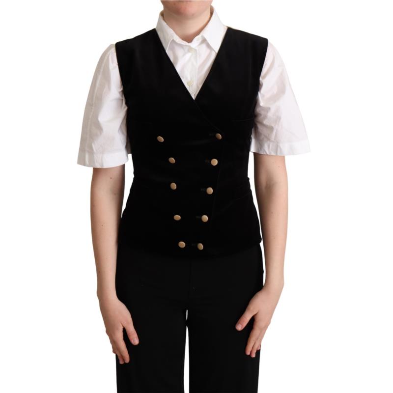Dolce & Gabbana Black Beige Velvet Waistcoat Vest IT40