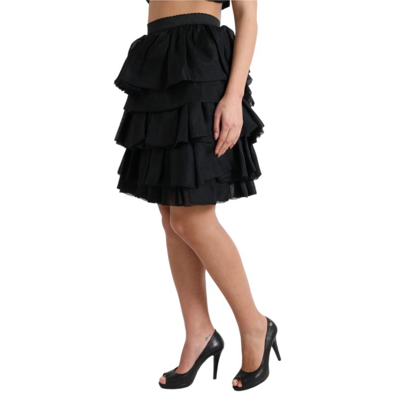 Dolce & Gabbana Black Tiered Aline High Waist Silk Mini Skirt IT40