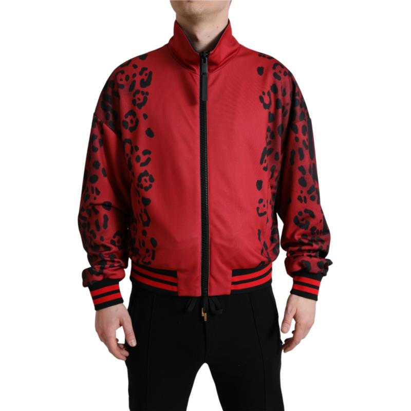 Dolce & Gabbana Red Leopard Polyester Bomber Full Zip Jacket IT52