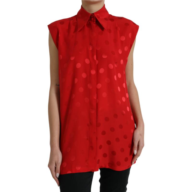 Dolce & Gabbana Red Polka Dot Sleeveless Collared Blouse Top IT40