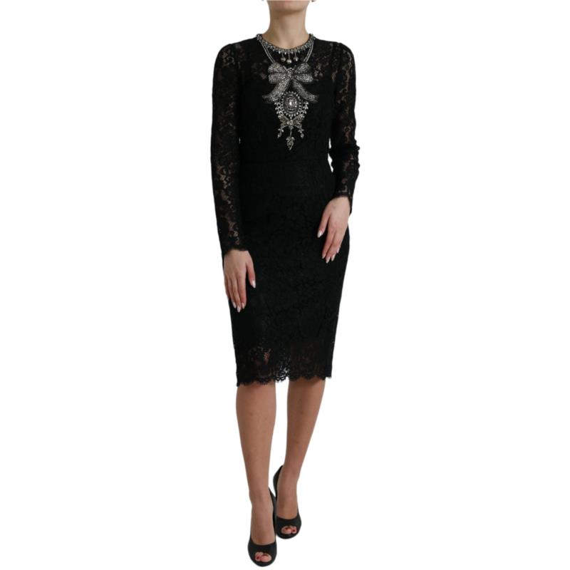 Dolce & Gabbana Black Lace Crystal Embellished Sheath Dress IT42