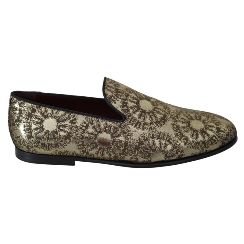 Dolce & Gabbana Gold Jacquard Flats Mens Loafers Shoes EU42.5/US9.5