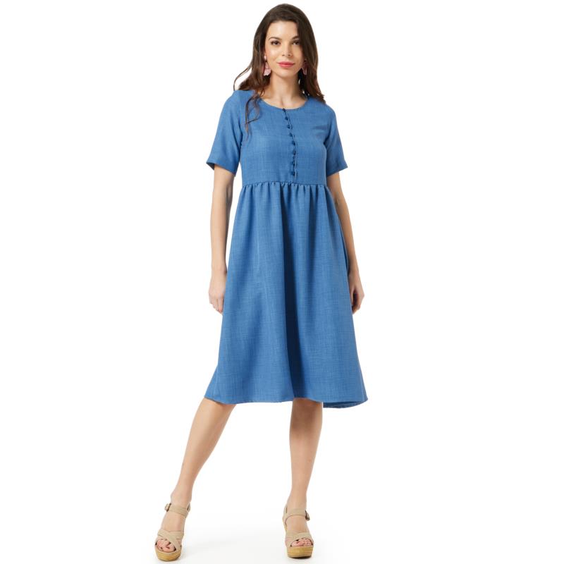ΜΠΛΕ INDIGO LINEN-LOOK ΦΟΡΕΜΑ ΜΕ ΚΟΥΜΠΙΑ