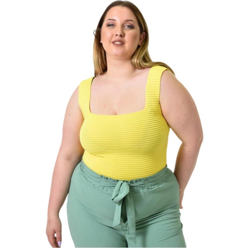 Γυναικείο Plus Size τοπ αμάνικο με ανάγλυφο σχέδιο Κίτρινο 24405