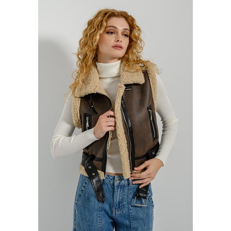 Γιλέκο μπουφάν με fleece επένδυση και ζώνη (BROWN)