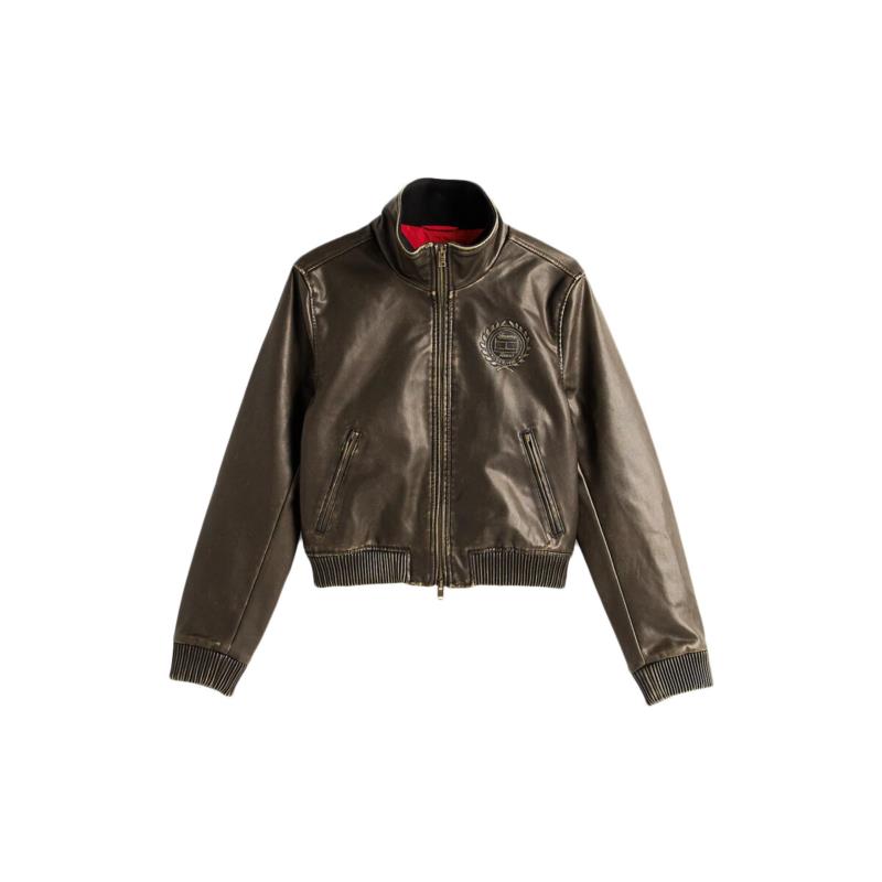 Χοντρό μπουφάν Tommy Hilfiger TOMMY JEANS FAUX LEATHER WASHED BOMBER JACKET WOMEN