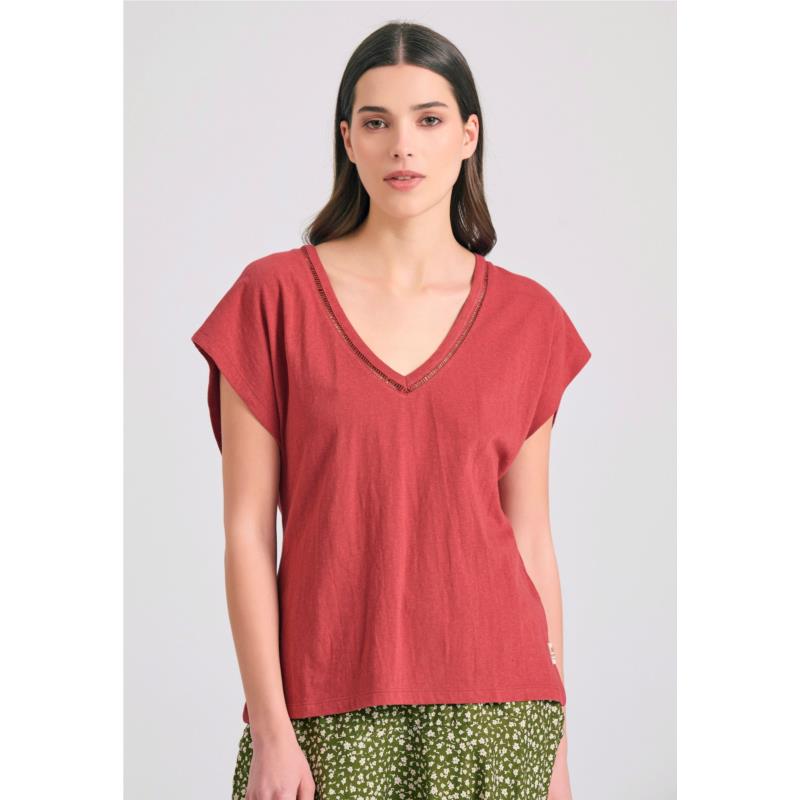 Γυναικείο linen blend μονόχρωμο t-shirt