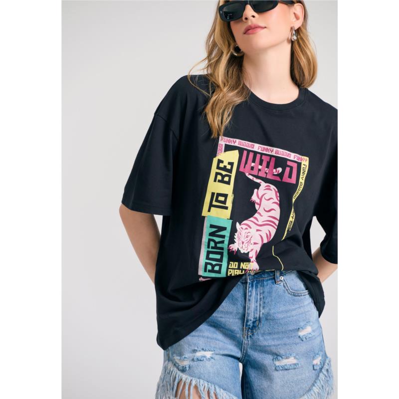 Loose fit μακρύ t-shirt με frame τύπωμα στο στήθος