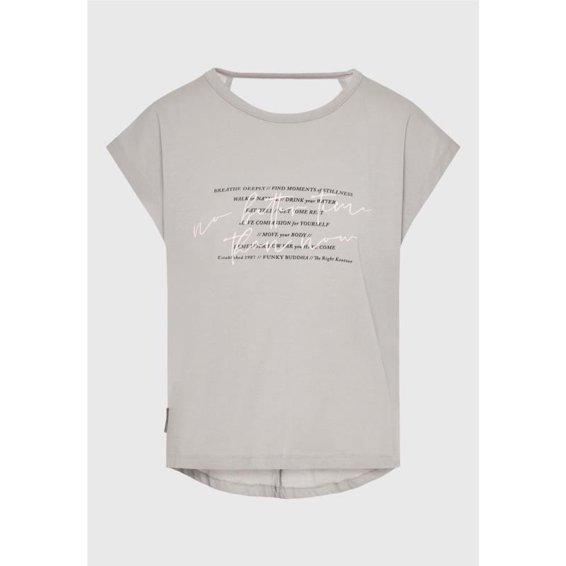 Γυναικείο t-shirt με τύπωμα text artwork και ανοιχτή πλάτη