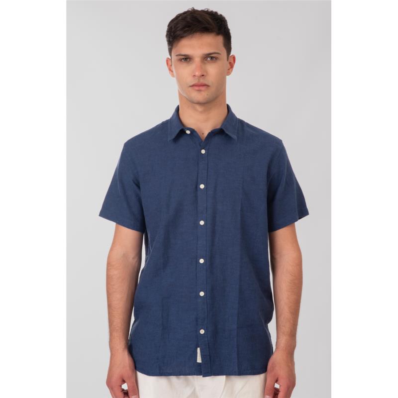Rebase - SHIRTS SHORT SLEEVE LINEN BLEND WITH STANDARD COLLAR - INDIGO