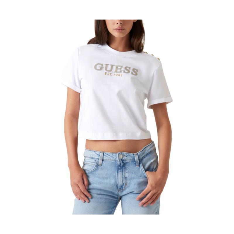 T-shirt με κοντά μανίκια Guess WASHED LOGO CREW NECK CROP BOXY FIT T-SHIRT WOMEN