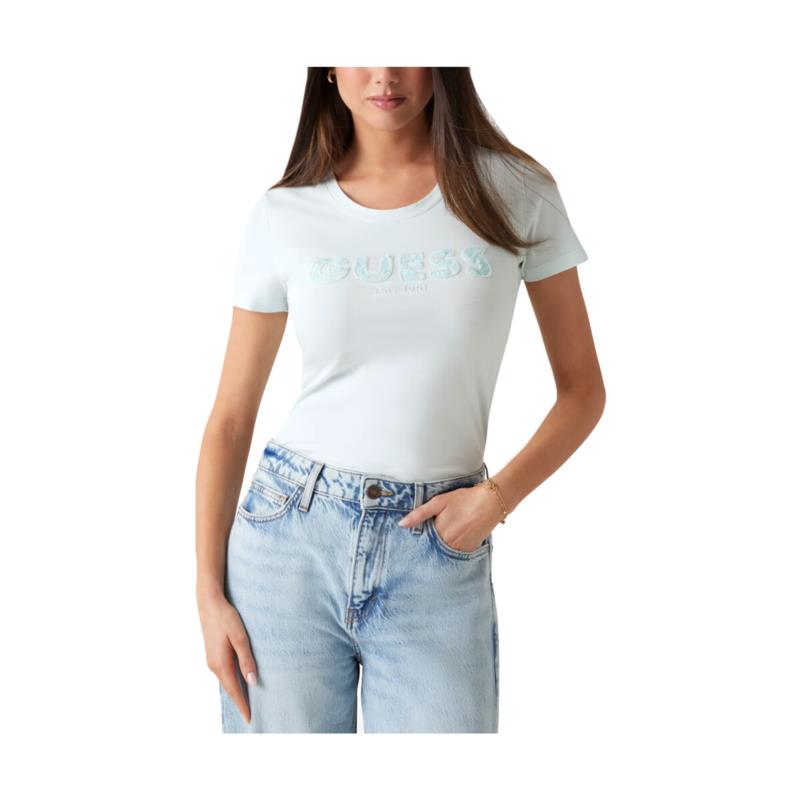 T-shirt με κοντά μανίκια Guess LOGO SEQUINS CREW NECK SLIM FIT T-SHIRT WOMEN